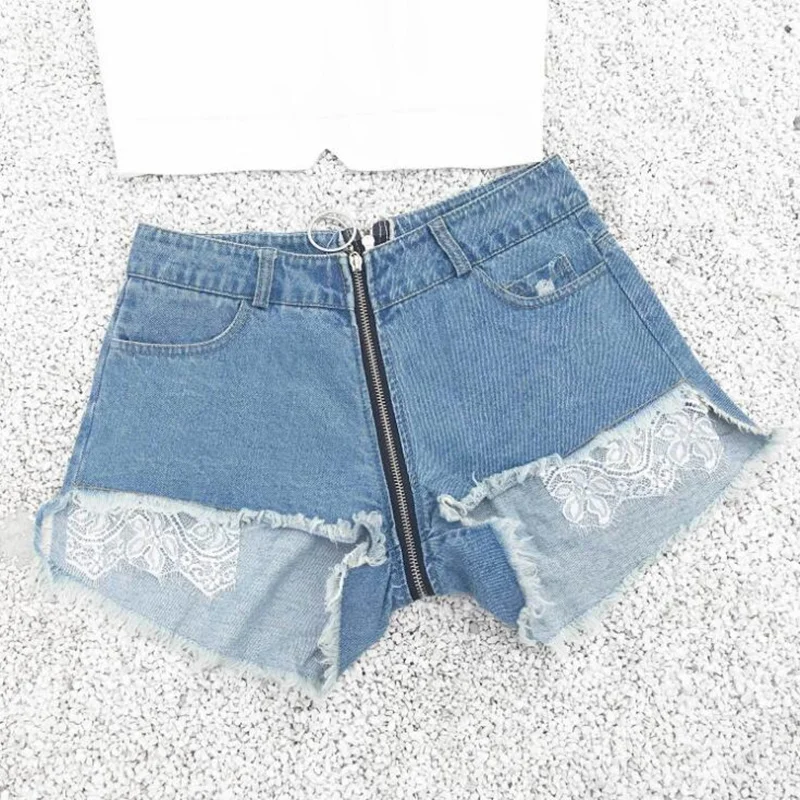 New 2021 summer shorts women short jeans zipper open design hole lace high waist denim shorts sexy short feminino