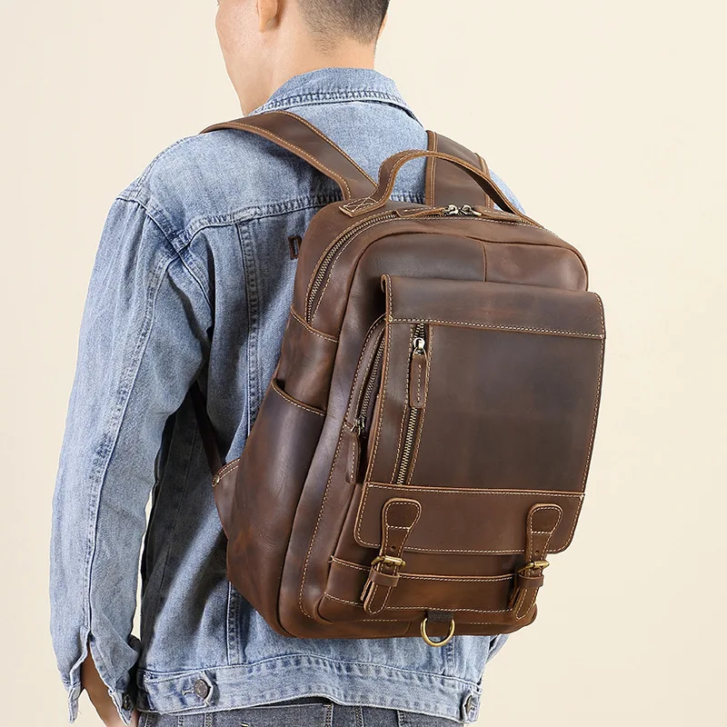 

Retro first layer cowhide men's leather shoulder leather schoolbag travel computer backpack large capacity fashion simple retro