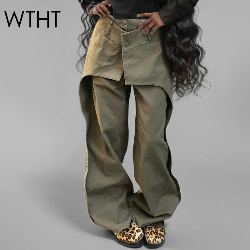 

WTHT Vintage Fashion Women's Double Waist Fake Two-piece Design Casual Pants 2025 Spring Wide Leg Trousers Female 1LS733