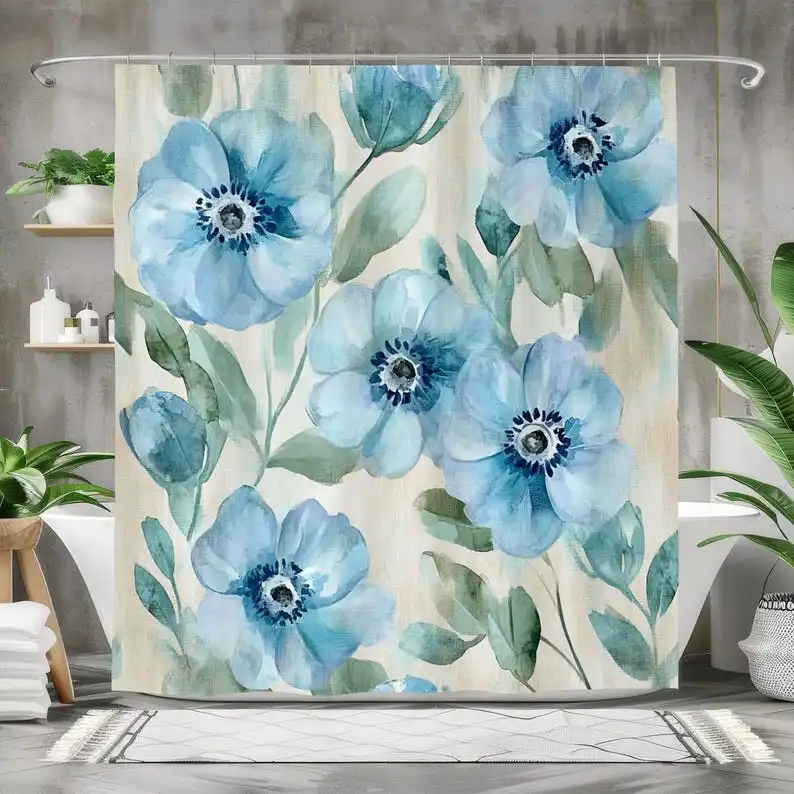 Watercolor Blue Poppy Flower Shower Curtain, Elegant Floral Bathroom Decor on Neutral Beige Spa Style Home Accent