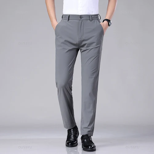 Imagen 2 del producto Pantalones informales de primavera y verano para hombre, pantalones elásticos ajustados con cintura elástica para correr, pantalones clásicos coreanos finos en negro y gris para hombre