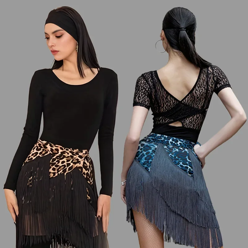 2023 New Adult Women Latin Dance Costmues Sexy Black Backless Top Summer Ballroom Lace Short Sleeve T-shirt