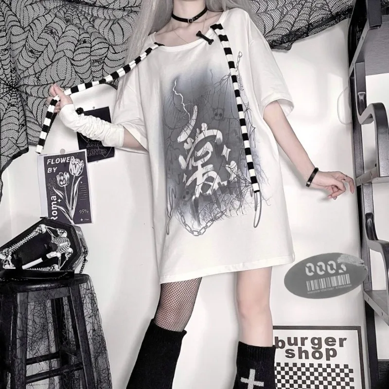 

Japanese-style Y2K T-shirt White Top Loose-fitting Casual Short-sleeve Costume for Women Summer Youthful Charm Outfits