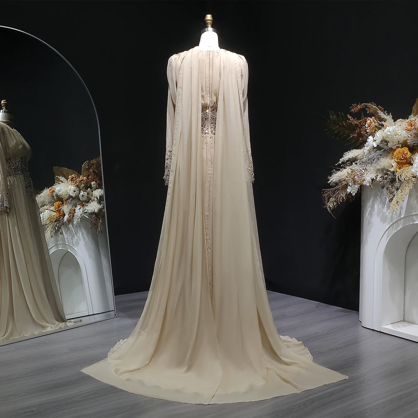 Sharon Said 2026 Dubai Elegantes Champagner-Chiffon-Abendkleid mit schweren Kristallen, formelle Abendkleider für Damen SS533, individuell anpassbar – Detail 9