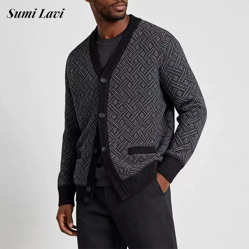 Old Money Style Mens 2026 Autumn Warm V Neck Jacquard Texture Knit Tops Contrast Color Long Sleeve Cardigan Male Daily Outdoor