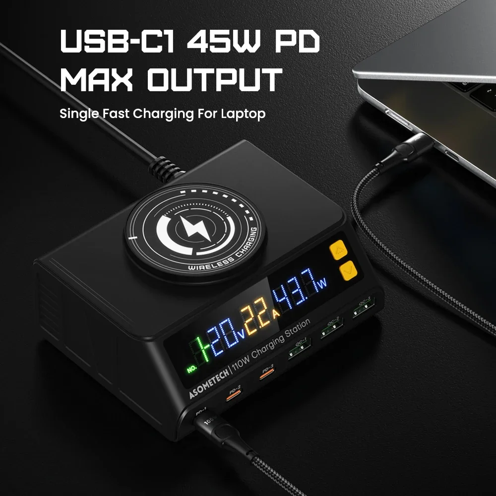 Cargador inalámbrico USB de 110W, estación de carga rápida PD QC 3,0 tipo C de escritorio de 6 puertos para IPhone, portátil, Xiaomi y Samsung