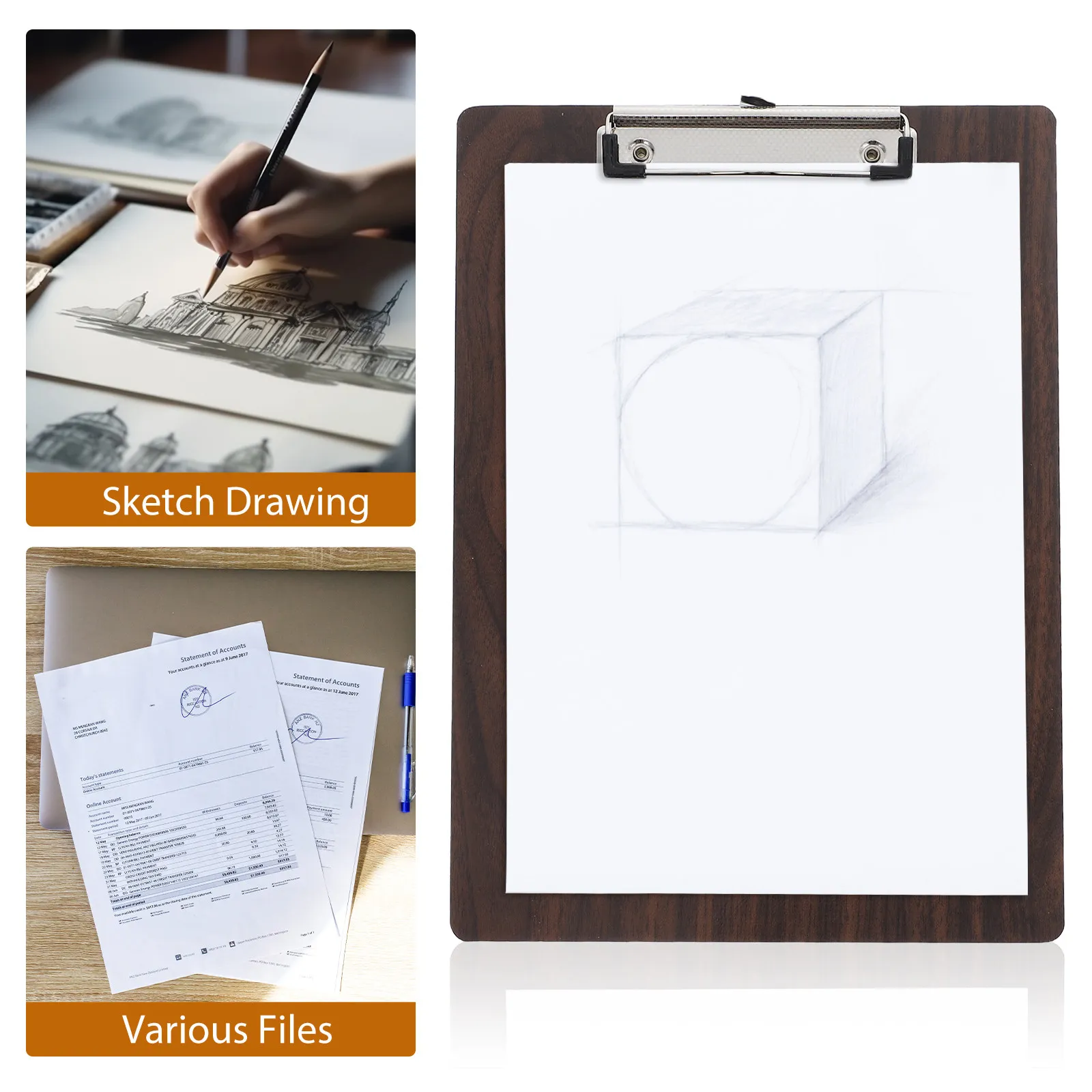 

Portable Wood Clipboard A3 Size for Students Artists Sketching Boards with Strong Metal Clip Retractable Hanging Ring Walnut