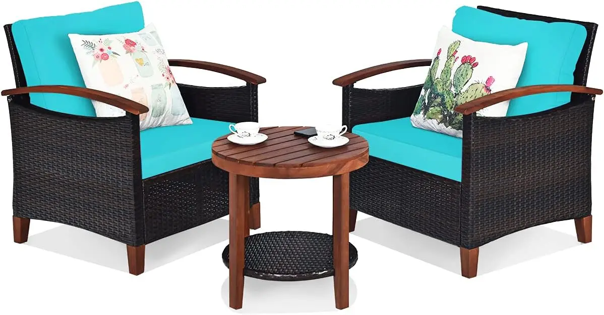 

3 Pieces Patio Furniture Set, Outdoor Rattan Sofa And Side Table W/Solid Acacia Wood Frame, High Load Bearing Conversation