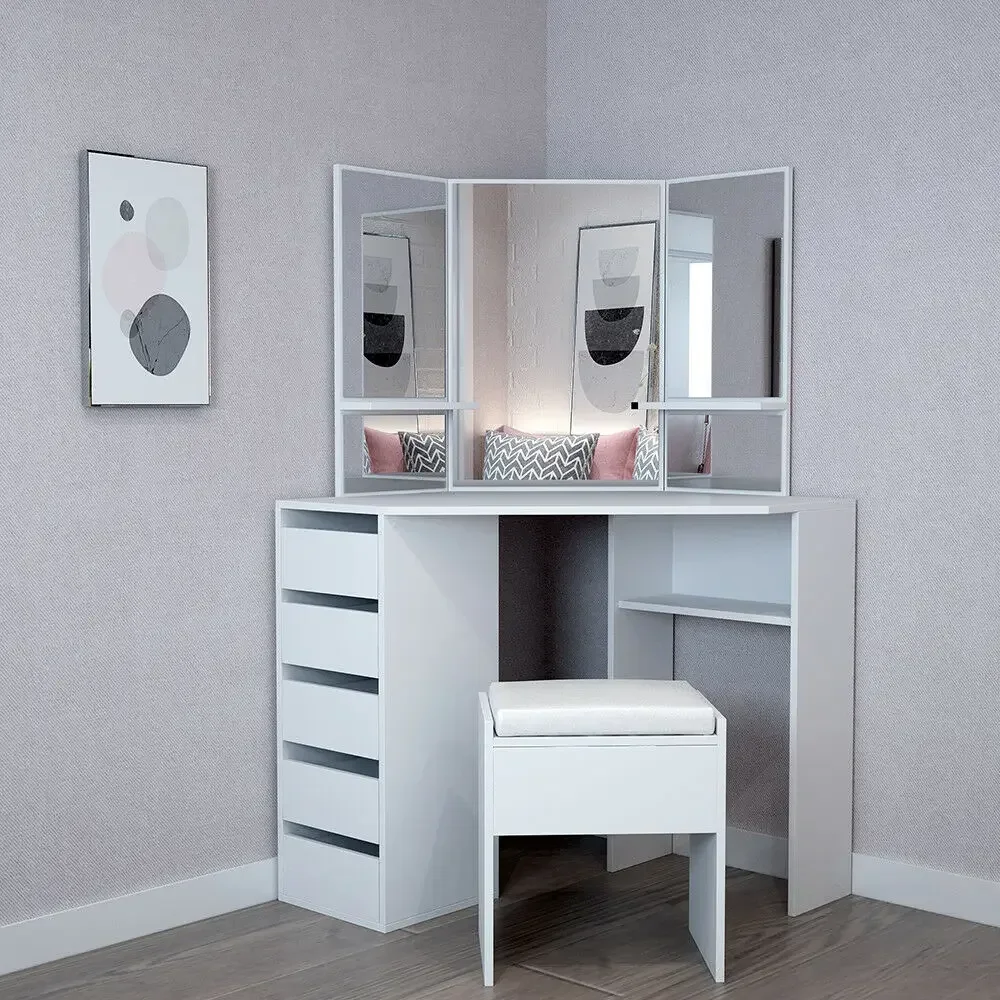# White Corner Dressing Table Stool Vanity Set White Makeup Dresser Mirror 5 Drawers #