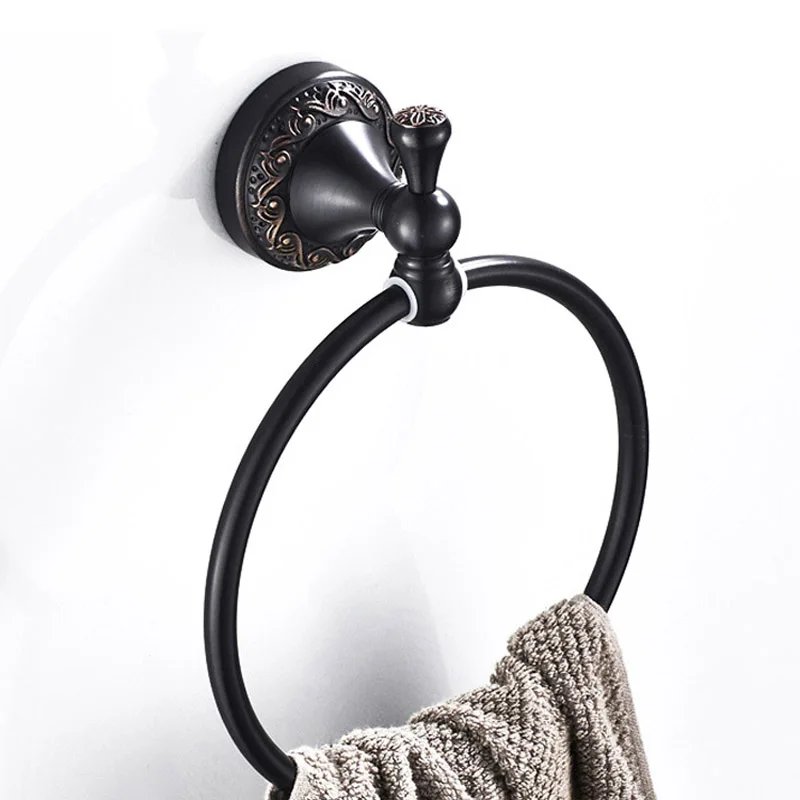 Anit-Rust Bathroom Towel holder, Solid Copper Wall-Mounted Round BLACK Towel Ring ,Classic Towel Rack with Flower Carved