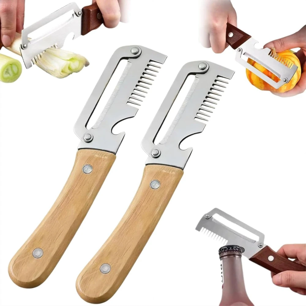2Pcs 3-in-1 Stainless Steel Scallion Shredder Wooden Handle Multifunctional Cutter for Onion Squid Peeling Slicing Bottle Opener