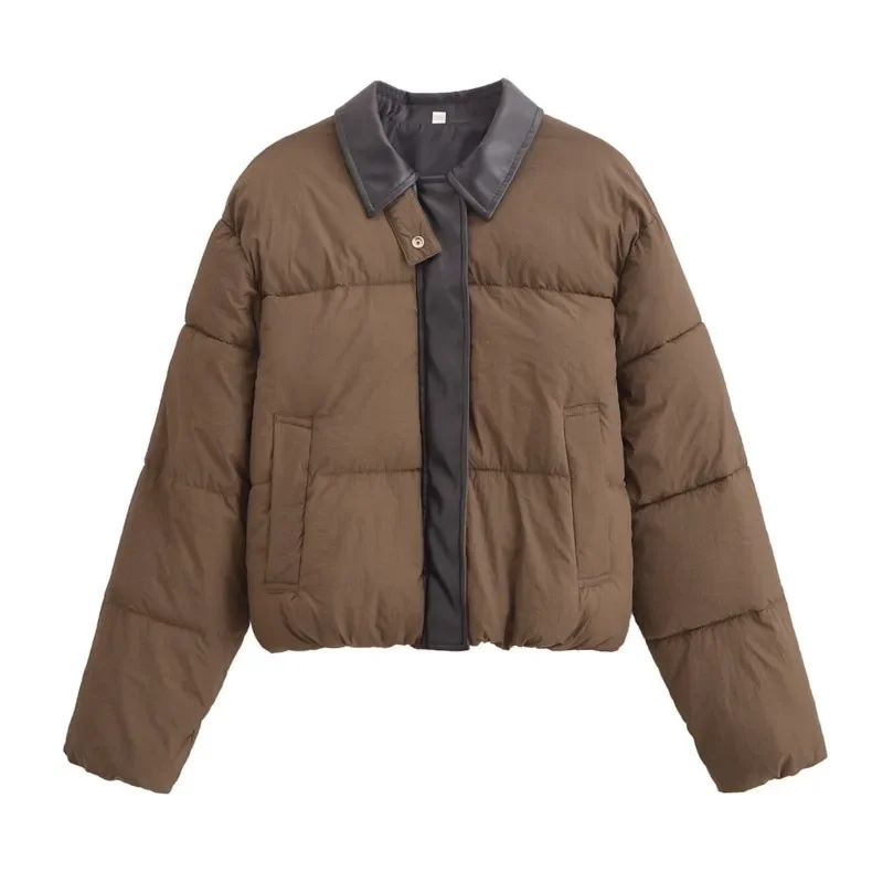 เสื้อโค้ทผ้าฝ้ายบุหนานุ่มสไตล์เรโทรสีสันตัดกันสำหรับผู้หญิง ฤดูใบไม้ร่วง/ฤดูหนาว 2025 ให้ความอบอุ่น สวมใส่สบายๆ