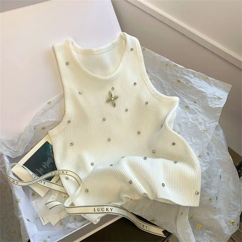 

Crop Top for Women Summer New High-end Advanced Designed Niche Chic French Elegant Style Nail Diamonds Slim Sling Vest Top
