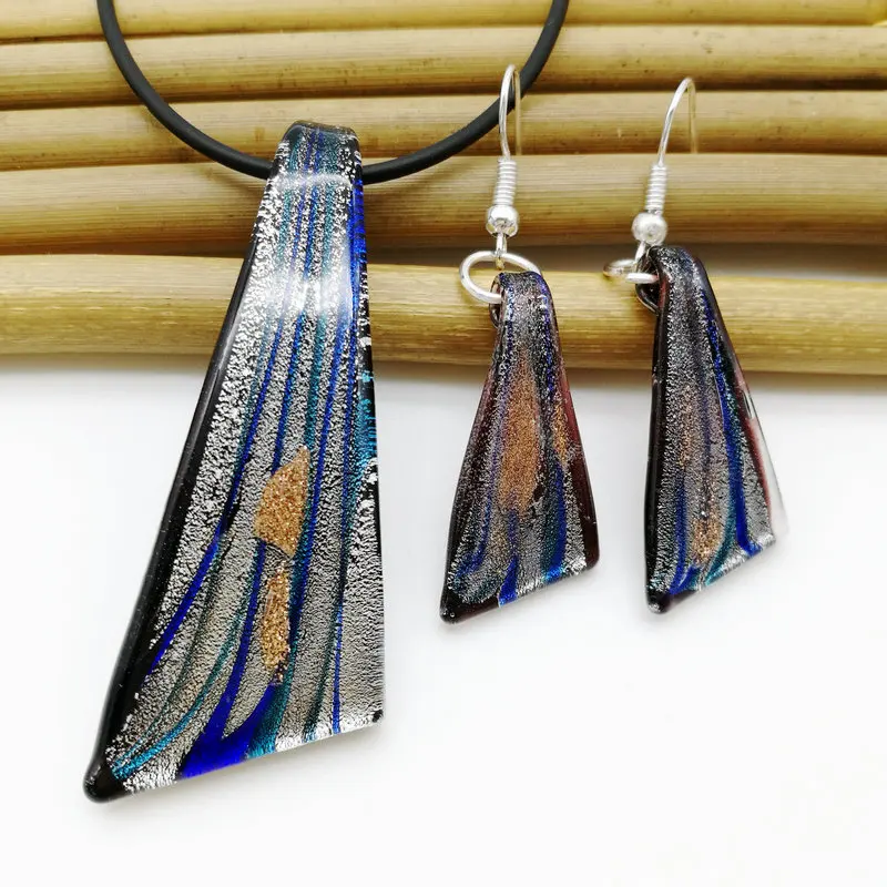 6-set retro fashion glass necklace pendant earring set hot selling painted gold sand glass set wholesale