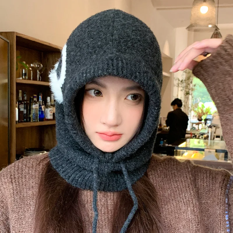 Korean Balaclava Cap Winter Outdoor Cycling Warm Ear Protection Drawstring Neck Guard Integrated Pullover Knitted Hat for Women