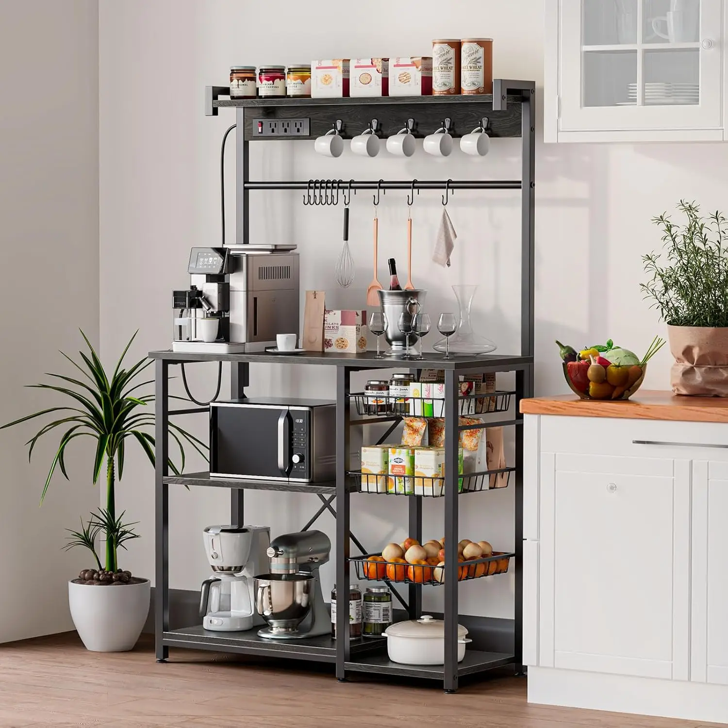 Large Bakers Ra With Power Outlets 38.8 Hes, 15 Hooks Coffee Bar With 3 Wire Basket, Microwave Stand Kitchen Storage Shelf For