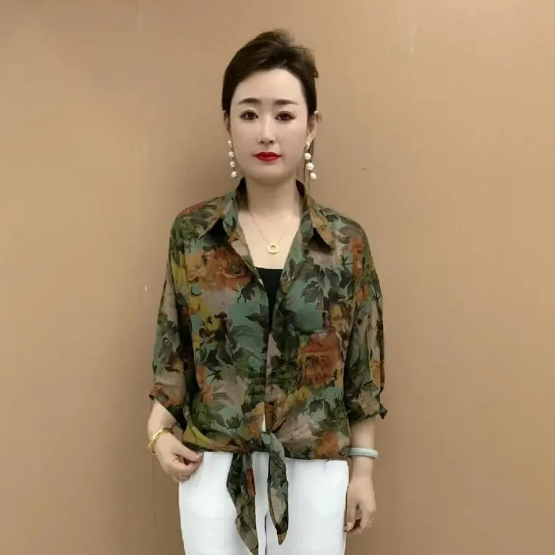 Womens Stylish Vintage Floral Print Lace Up Blouse Summer Lapel 3/4 Sleeve Thin Sunscreen Shirt Ladies Casual Loose Chiffon Tops