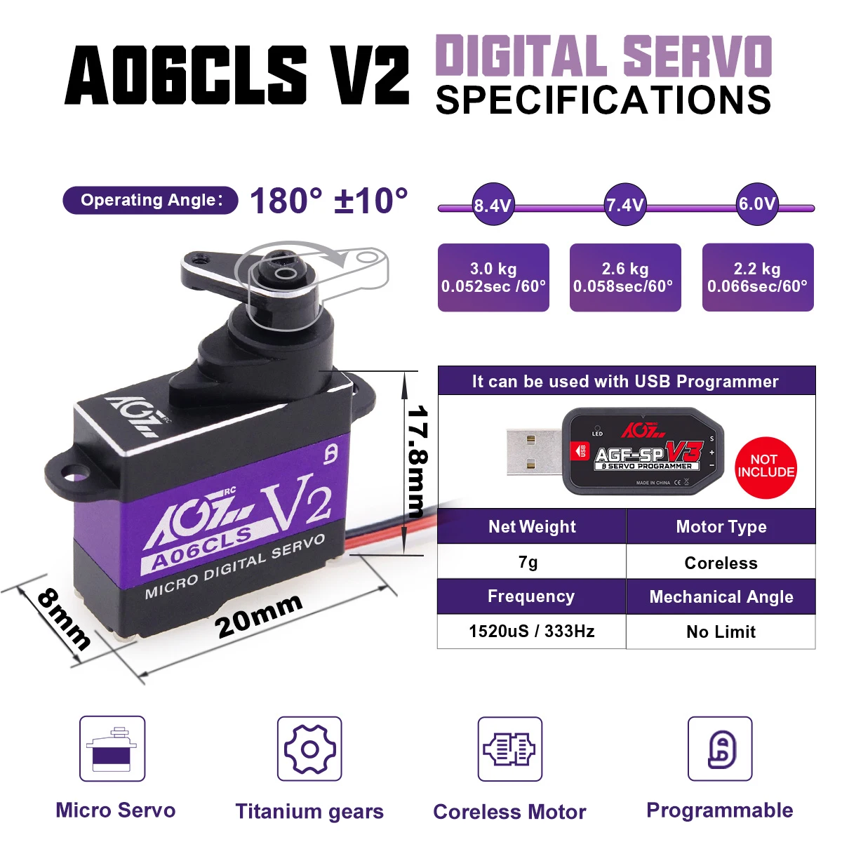Agfrc a06cls v2 6g Titan getriebe 3,0 kg supers chn elles programmier bares Mikros ervo für Mini Auto glr gla mrz Flugzeug – Detail 5