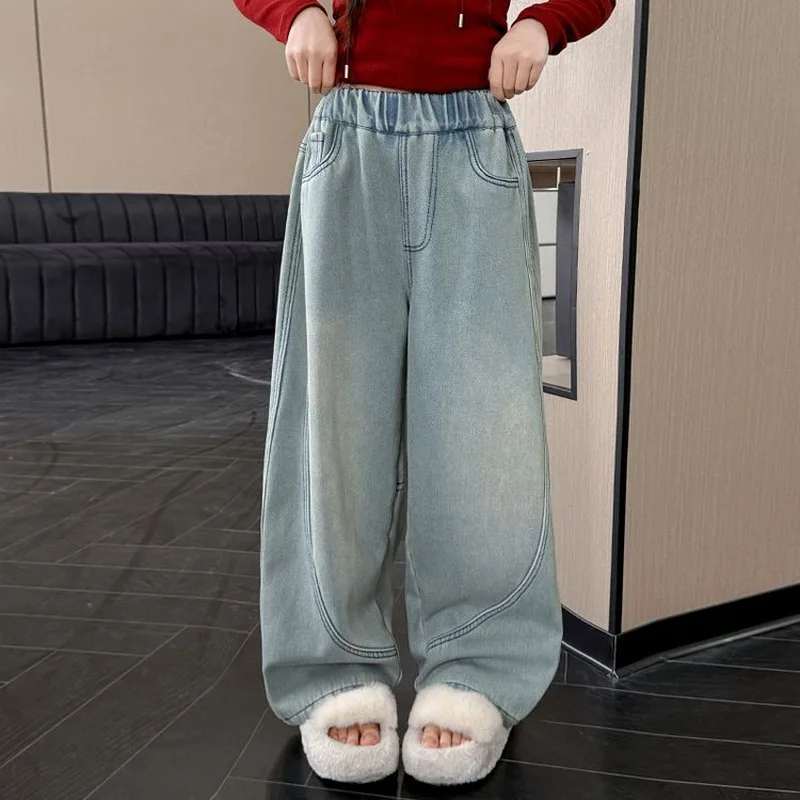 

Spring Autumn Child Patchwork Jeans Retro Light Blue Denim Pants For Girls Kids High Street Fashion Straight Slim Jeans Trousers