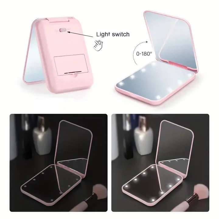 Mini compacte led-make-upspiegel met licht 3x vergrotende kleine zak Draagbare reis Roze Zwart Opvouwbare cosmetische make-upspiegels