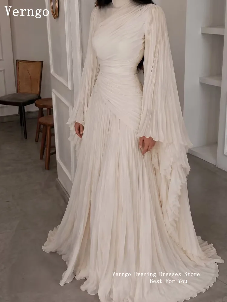 Verngo Modest Abendkleid aus elfenbeinfarbenem Chiffon mit hohem Kragen, muslimische Ballkleider, volle Ärmel, A-Linie, plissierte Partykleider, individuell gestaltet