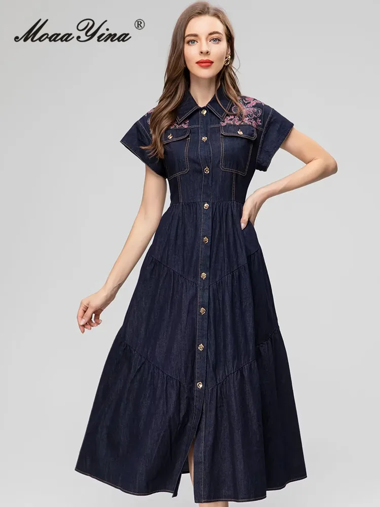 

MoaaYina Summer Fashion Designer Dark Blue Vintage Denim Dress Women Lapel Embroidery Button Pockets High Waist Slim Long Dress