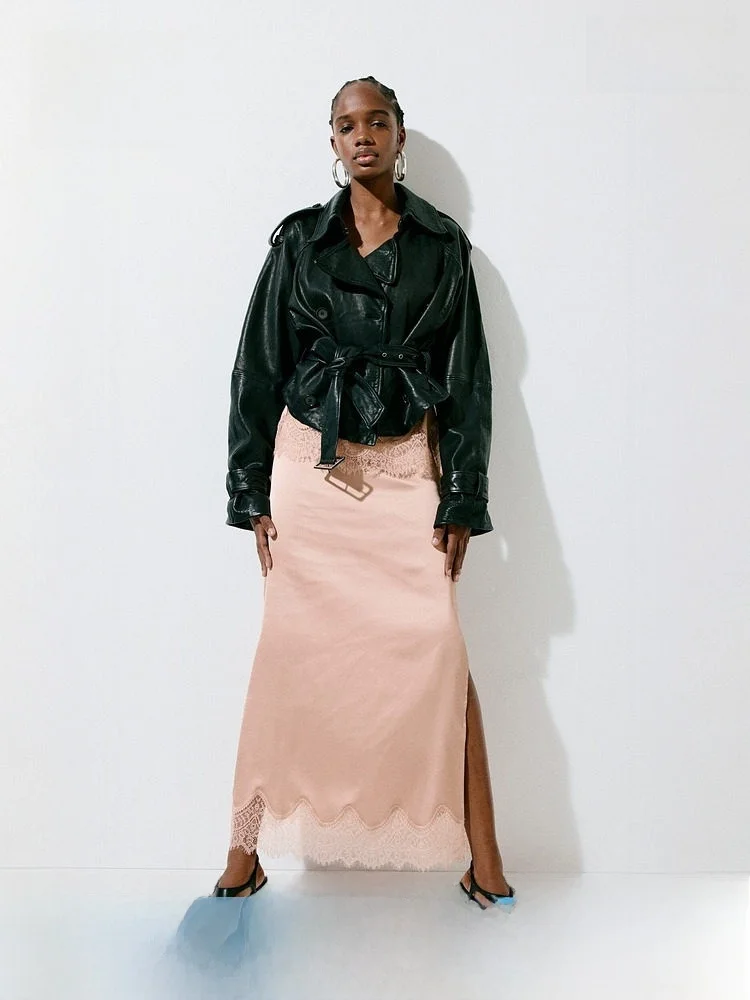 

Новинка весенней коллекции: Женская атласная юбка с кружевной отделкой H&M 323754, с завышенной талией, из полиэстера и эластана