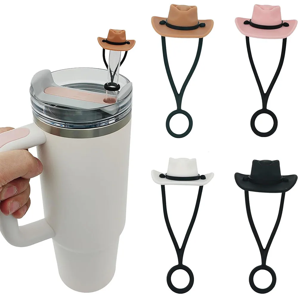 4 pack Silicone Cowboy Hat Straw Covers Cap Compatible for Stanley Cup 30 40 oz, Cute Funny Tumbler Straw Topper Accessories