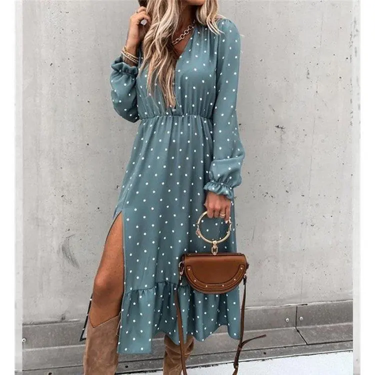 

Vneck Polka Dot Print Long Sleeve Dress Button Detail High Waist A-Line Skirt Polyester Fabric Autumn Long Dress Women's Fashion