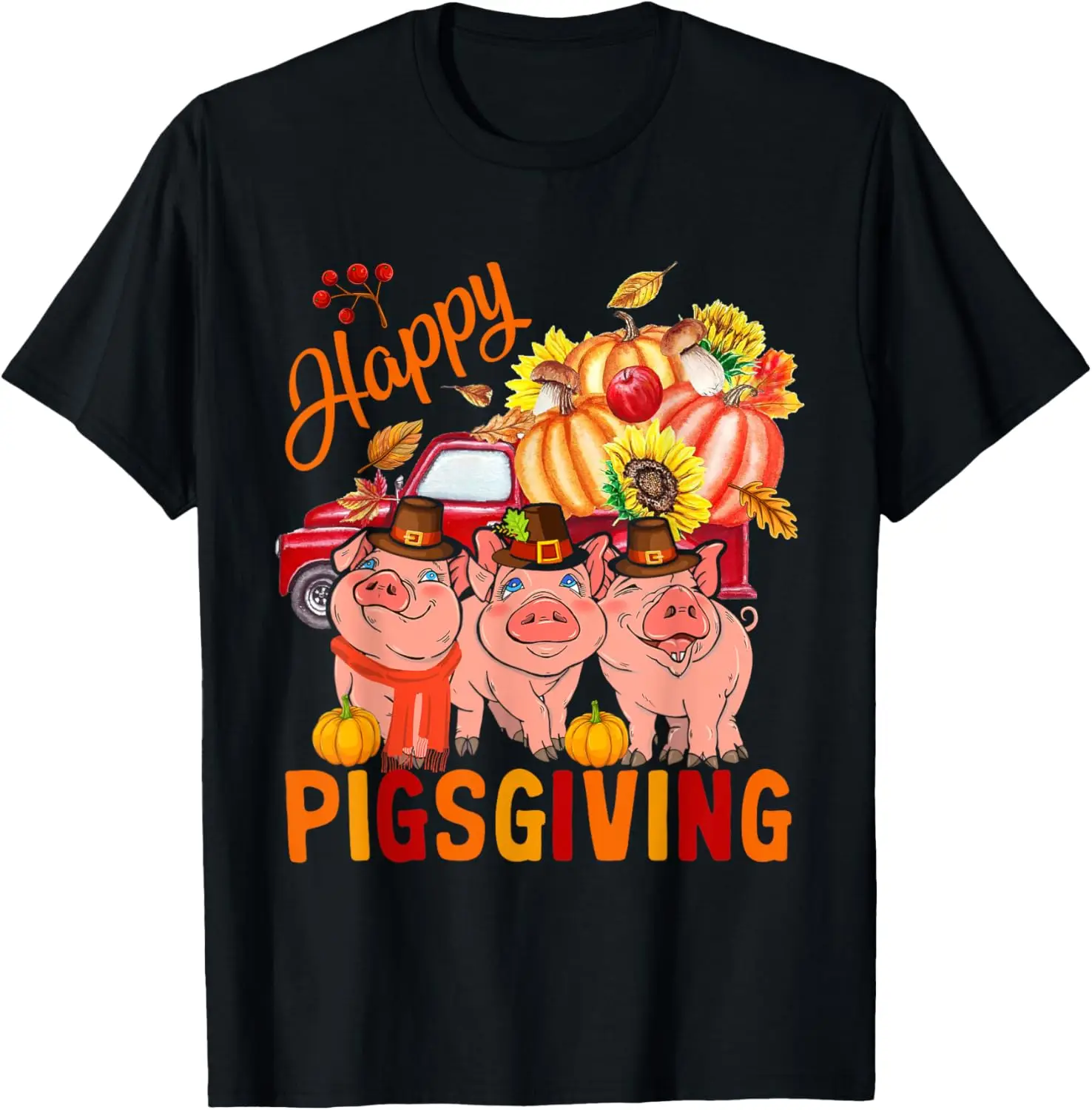 Happy Pigsgiving Three Pigs Pickup Truck Carrying Pumpkins T-Shirt