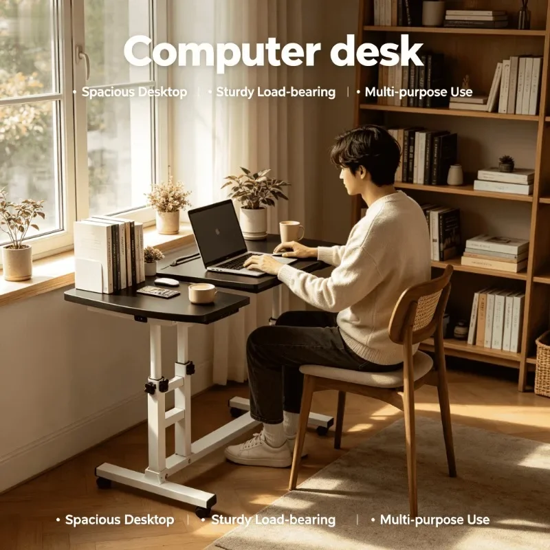 Adjustable Height Laptop Table Mobile Rolling Sofa Side Small Desk Bedroom Computer Stand Foldable Bedside Lift up Workstation