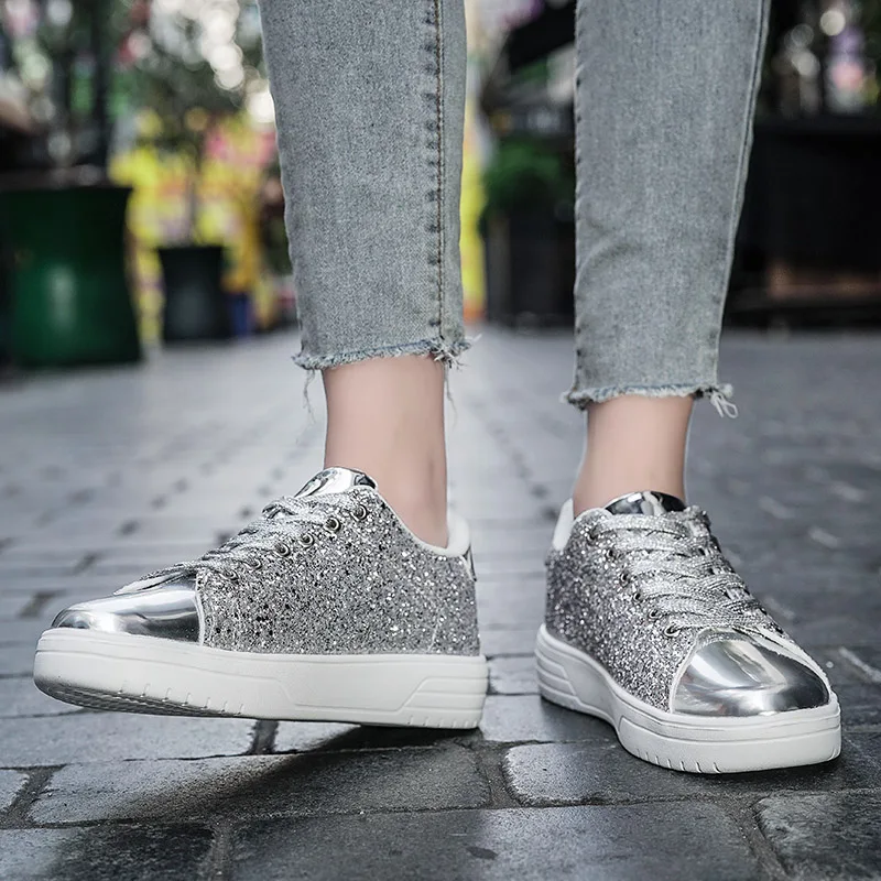 2024 New Trendy Women Silver Skateboard Shoes Flat Comfortable Female Sport Running Sneaker Spring Girls Athletic Trainers