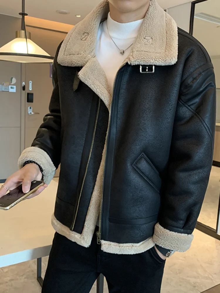 

Мужская зимняя куртка с утеплением из овечьей шерсти, кожаная, с меховой подкладкой, хлопковая, модная, городская, стильная, с длинными рукавами, на молнии