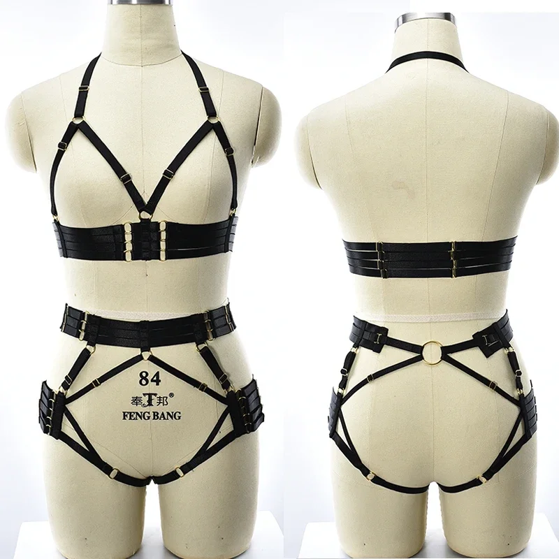 Gothic Clothes Body Harness Bra Sexy Lingerie Set Black Body Cage Pastel Goth High Waist Leg Garter G-string Bondage Harness