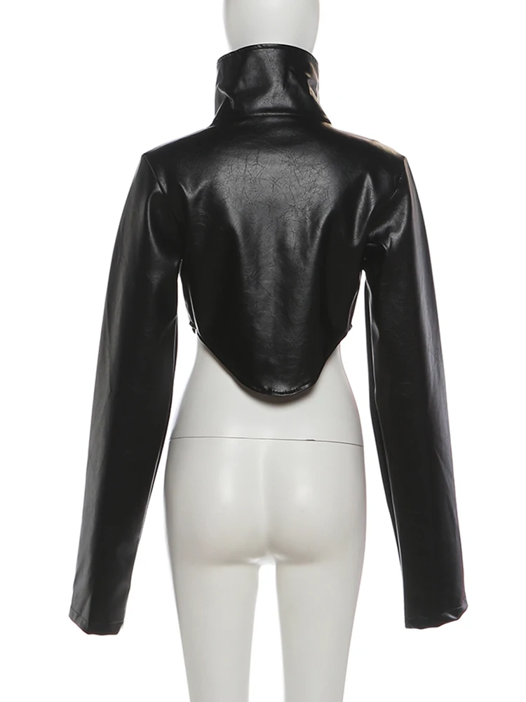 Nibber Hottie Crop Jacke Frauen Rollkragen Pu Unregelmäßige Zip Taste Volle Hülse Wilden Sexy Straße Mitternacht Herbst Hipster Mantel – Detail 5