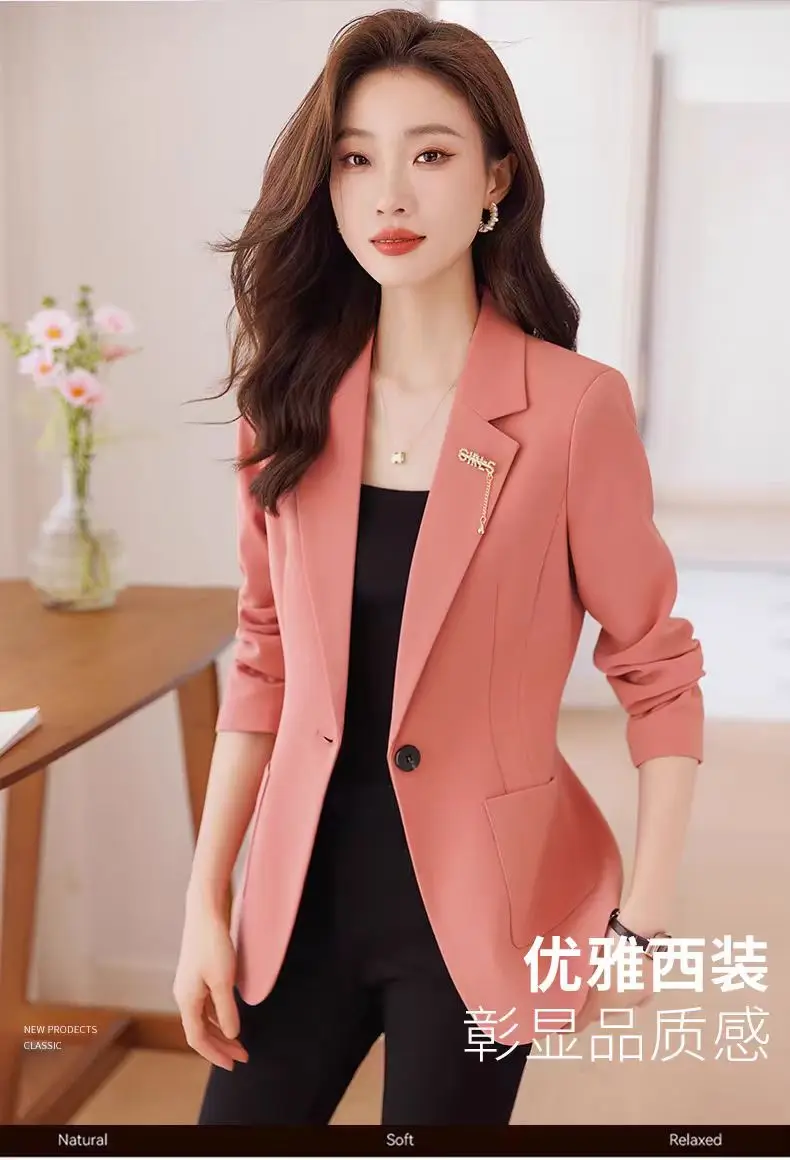 Women's Pink Slim Fit Blazer Spring Autumn Single Breasted Notched Lapel Office Suit Jacket Casual Work Wear Decorative Brooch 