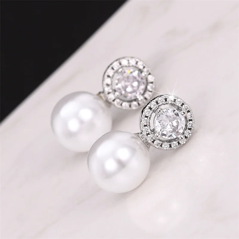 Fashion Women 925 Sterling Silver Ear Jewelry Side Water Drop Models Pearl Ball Earrings Inlaid Zircon Stud Earring for Wedding