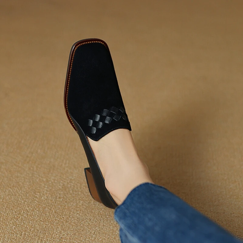 NEW Spring/Autumn Women Loafers Sheep Suede Leather Shoes for Women Square Toe Chunky Heel Black Shoes Concise Weave Women Pumps