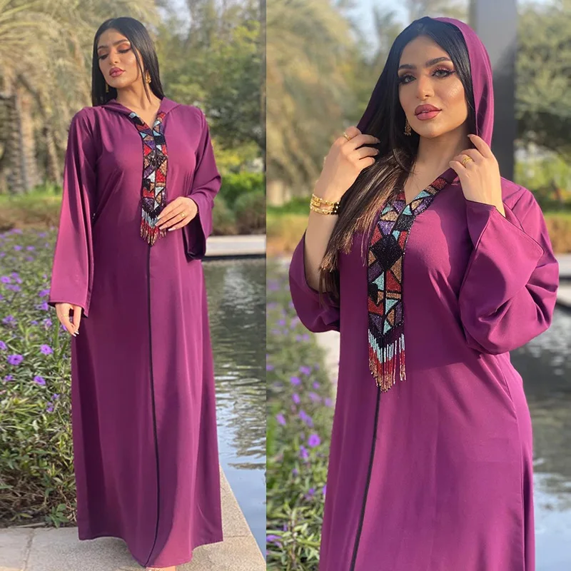 

Satin Hooded Abaya Dress for Women Luruxy Beaded Tassel Robe Muslim Moroccan Caftan Dubai Turkey Arab Oman Clothes 2023