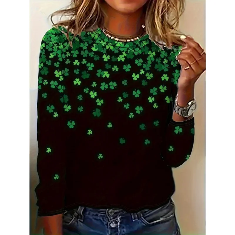 

Women's newTT-shirt Autumn Long Sleeve Fashion Printed Black Round Neck Base Shirt Elegant Top