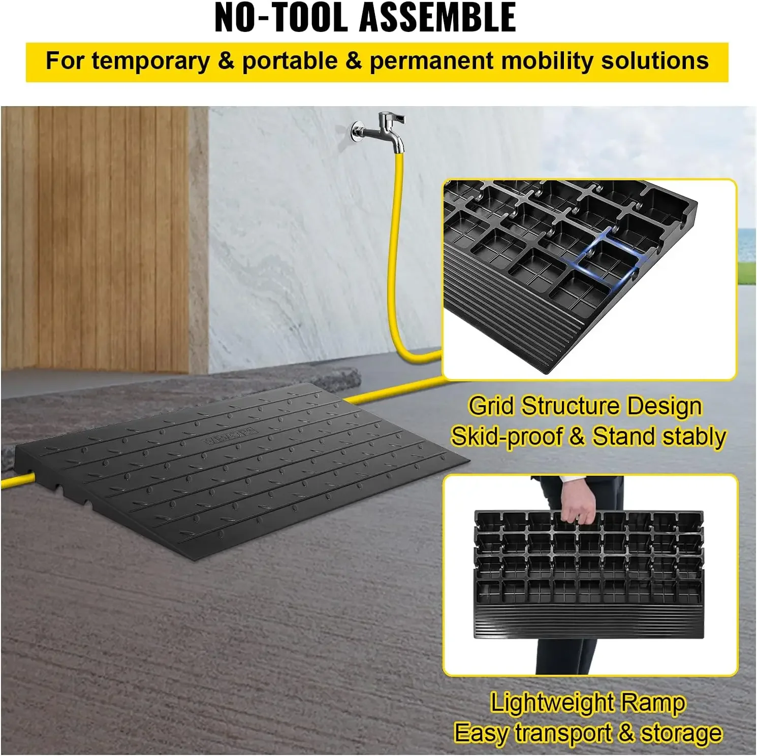 Rubber Threshold Ramp, 4" Rise Threshold Ramp Doorway, 3 Channels Cord Cover Rubber Solid Threshold Ramp