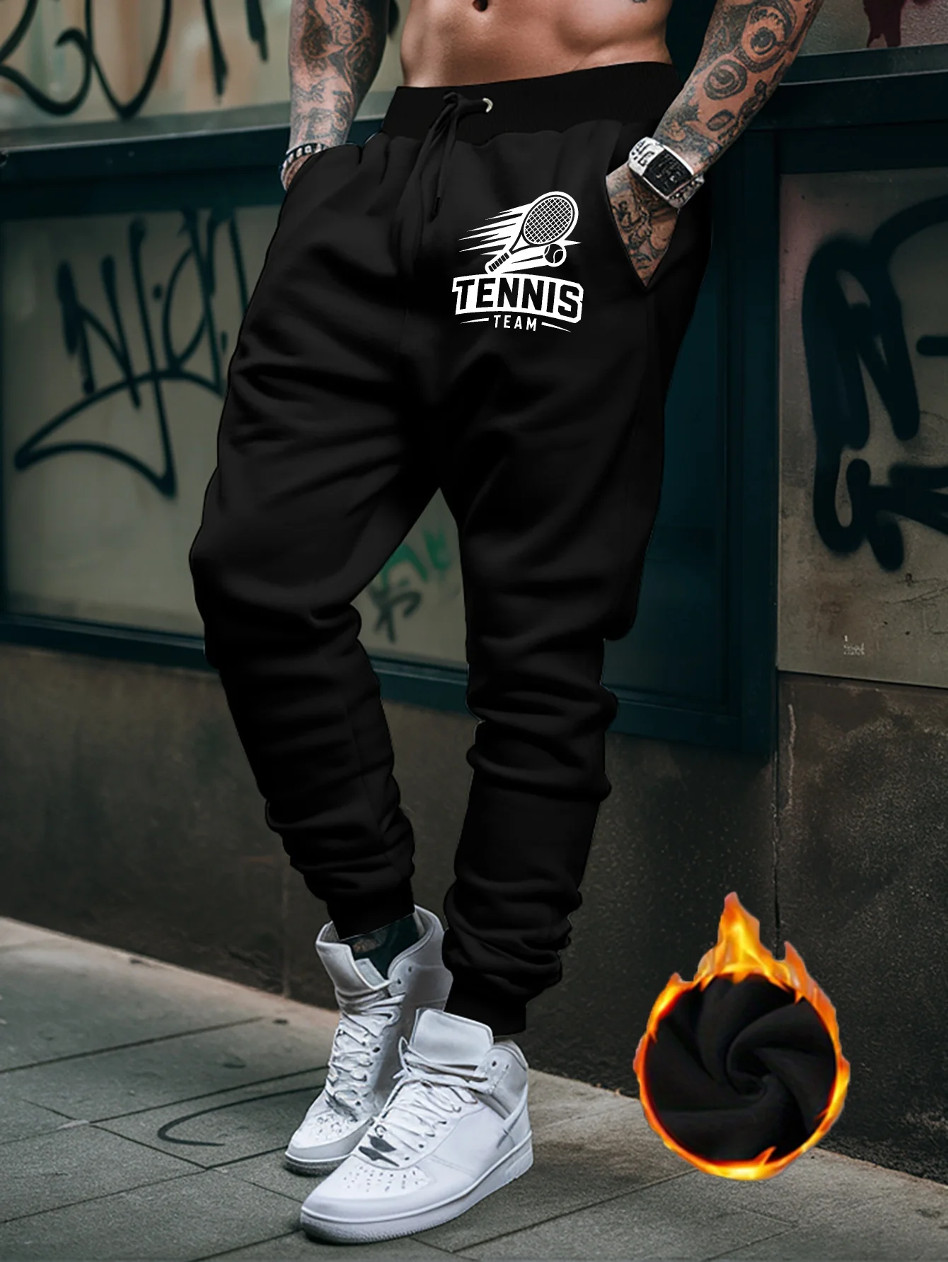 Sport‑dynamic Tennis Team Racket Ball Graphic Print Stylish Tapered Sweatpants Men Hip Hop Sports Jogger Trousers Fit Wear Gear