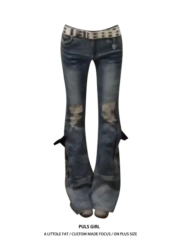 

Retro American Large Size Denim Jeans Women's Micro Flare Washed out Distressed Belted Slimming Long Trousers Casual Style