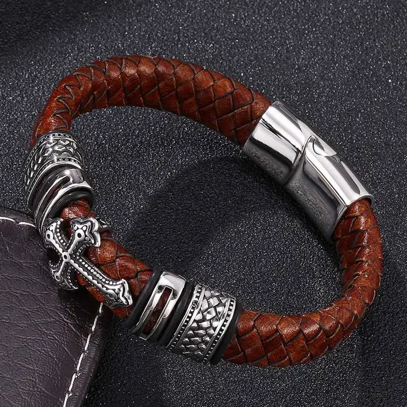 

Vintage Men Jewelry Brown Braided Leather Cross Bracelet Stainless Steel Magnetic Clasp Male Bracelet Handmade Bangles SP0061