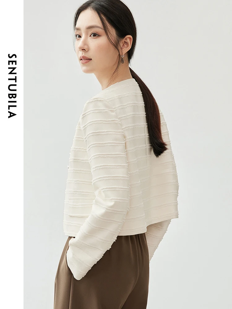 SENTUBILA Women French Cotton Striped Jacket   2024 Autumn Straight O Neck Long Sleeve Texture Elegant  Clothes 143W56525