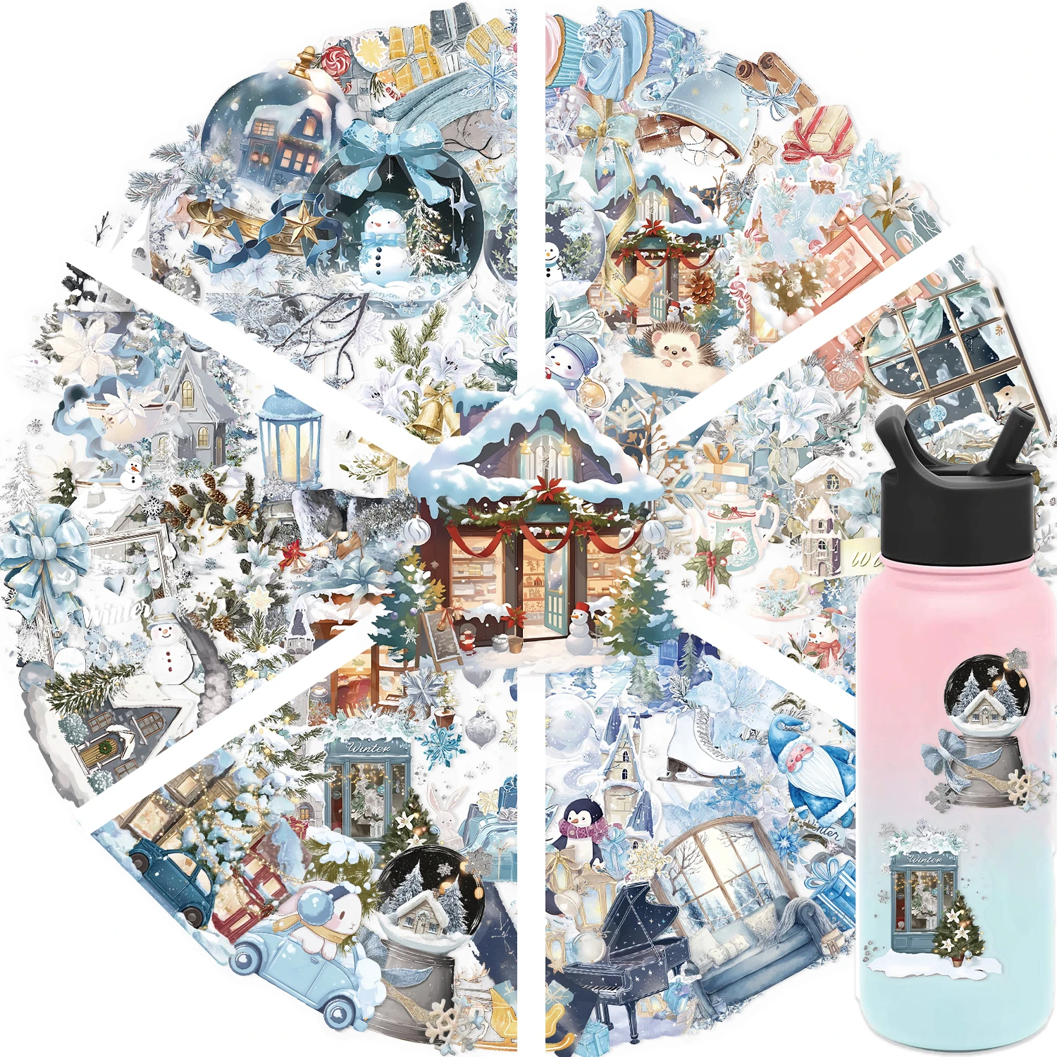 50PCS Blue Winter Wonderland Stickers Cute Snowman Snowflake Ice Crystal Pattern Waterproof Vinyl Decals for Water Bottle Laptop