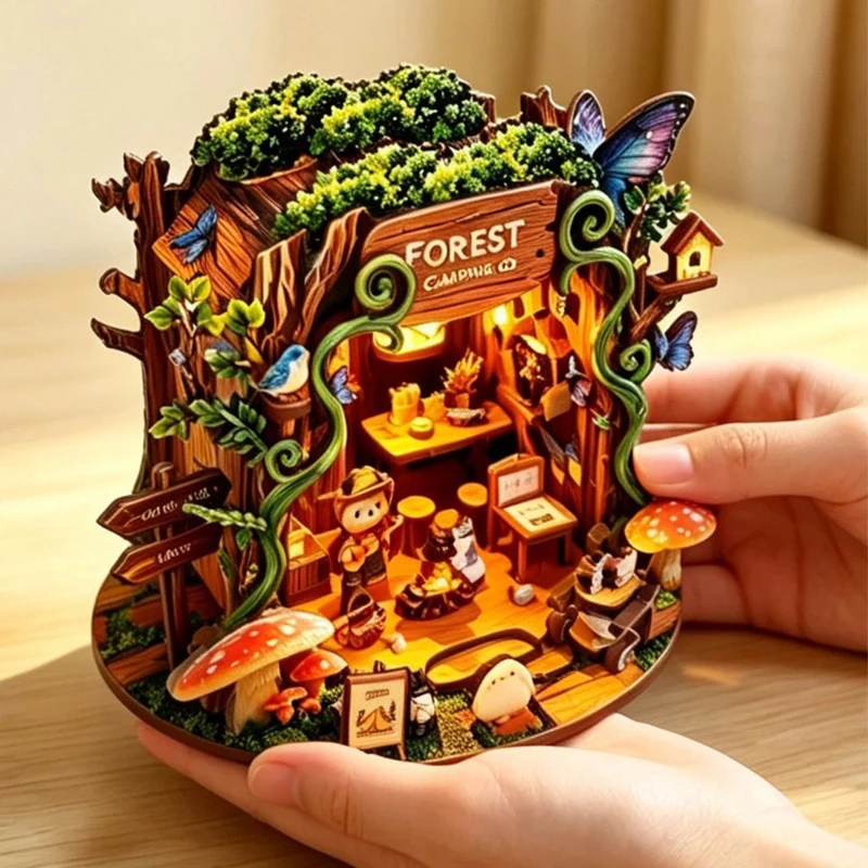 DIY 3D Wooden Forest Cottage Miniature Model Kits Mini Casa Jigsaw Puzzles for Friends Birthday Gifts
