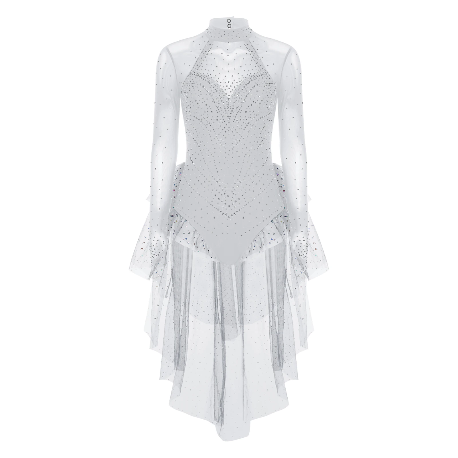 Damen Eiskunstlauf-Bodysuit mit Langen Ärmeln, Strass-Verzierung, Stufenförmigem Rüschen-Tüllrock, Leotard-Jumpsuit für Ballett-Wettbewerbe und Tanzbekleidung – Detail 5
