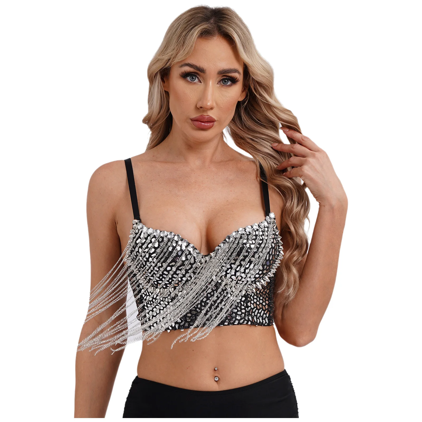 Women Bra Belly Dance Crop Top Rhinestone Tassel Chain Spaghetti Straps Underwire Push Up Shiny Corset Top for Festival Party