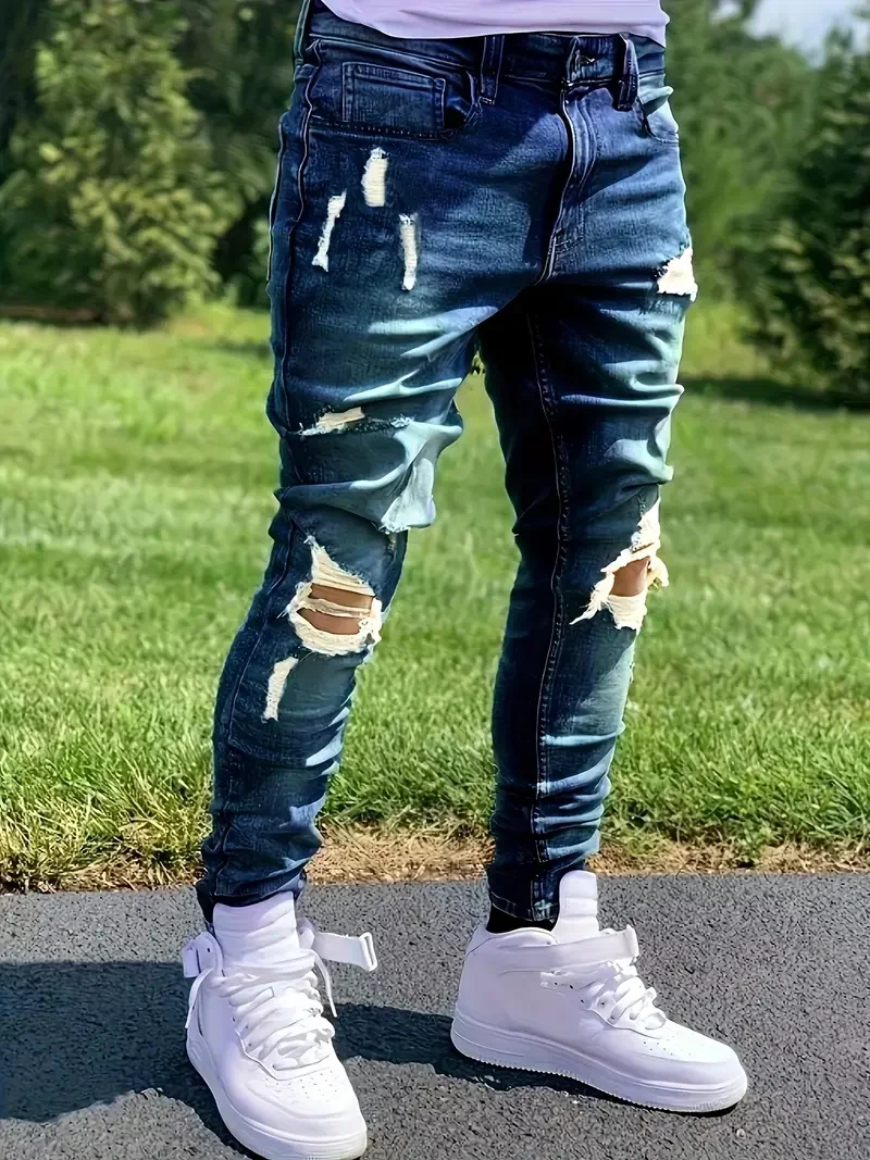 Men's Distressed Stretch Denim Jeans Street Style Ripped Detail Comfortable Versatile All Seasons Everyday Fashion